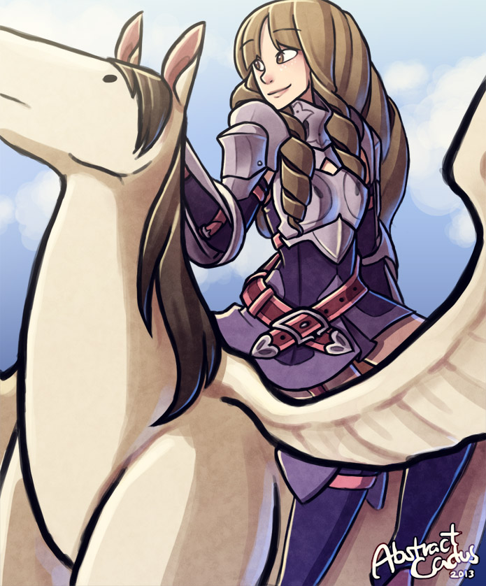 Sumia from Fire Emblem Awakening sitting sideways on top of her pegasus, smiling off toward the distance with a hand on the pegasus' head.
