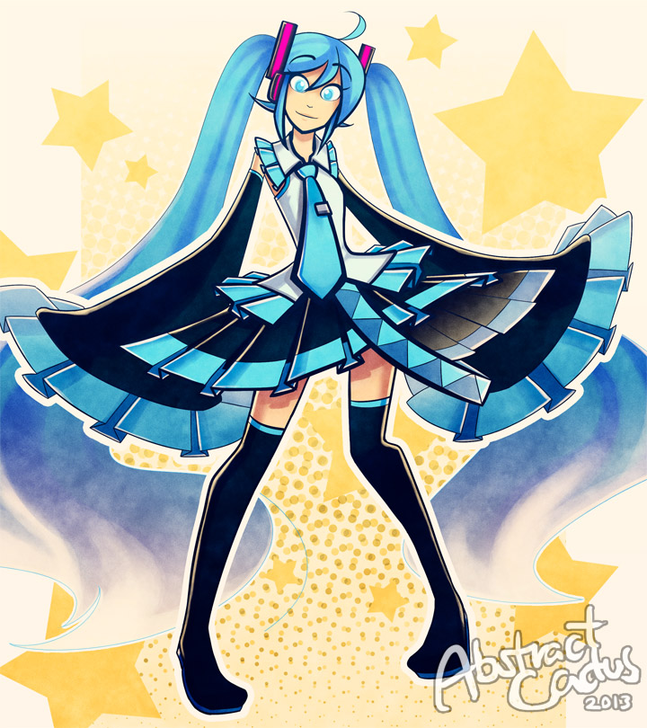 A full body drawing of Hatsune Miku, with a slightly frillier outfit than usual happily waving her arms outwards and smiling.