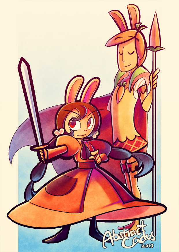 Almond and Sir Carrot from Cucumber Quest. Almond is confidently holding a sword out in front of her, while Carrot stands behidn her calmly at the ready with his spear.