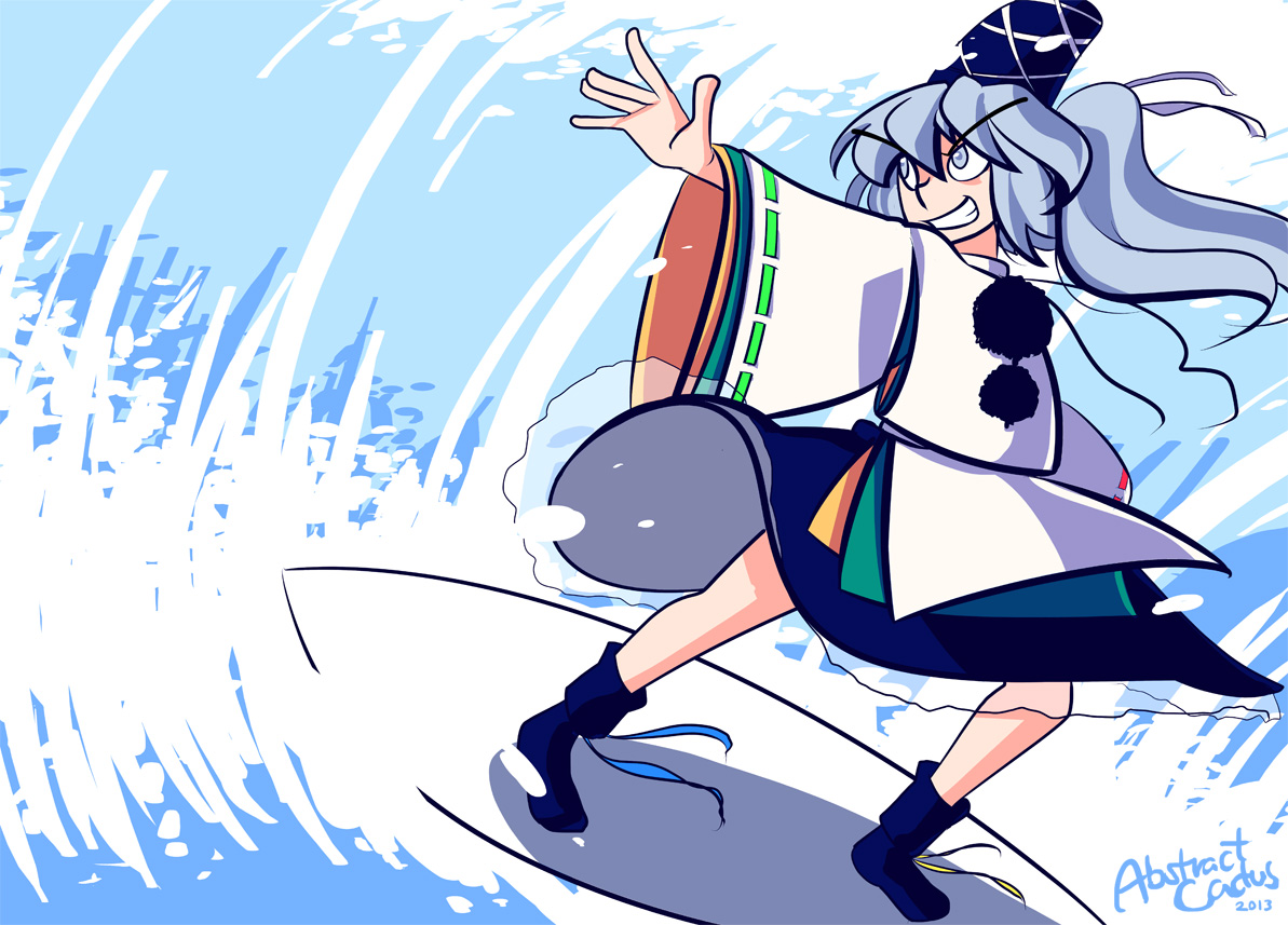 Futo from Touhou surfing against a huge wave, arms outstretched and a confident grin on her face.