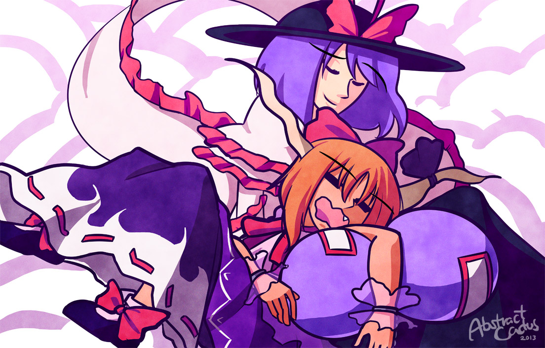 Iku from Touhou, with a resigned smile reluctantly letting Suika lie passed out snoring on top of her.