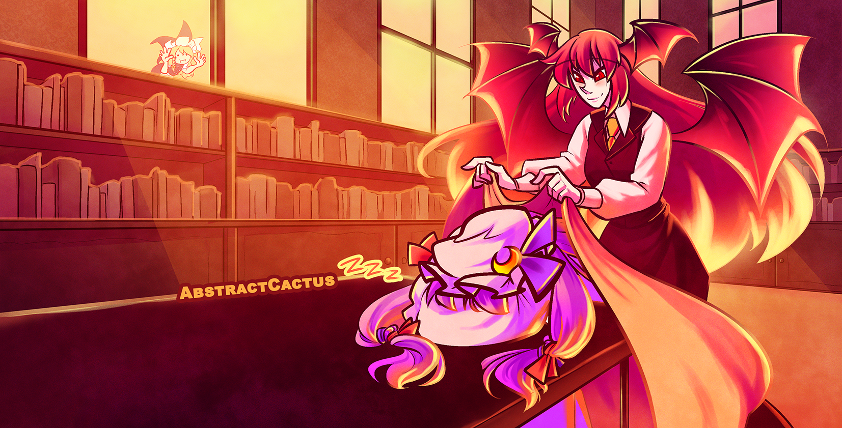 Patchouli from Touhou, passed out asleep at a table in her library. Koakuma is happily throwing a blanket over her, while Marisa can be seen in the background pressing her face up against a window, ready to take the opportunity to break in.