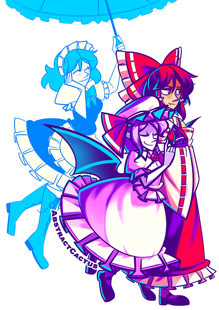 Reimu and Remilia from Touhou walking together on a date. Remilia happily has an arm wrapped around Reimu's with her eyes closed. Reimu is pouting in embarrassment because the maid Sakuya is following behind them, holding an umbrella up to cover them from the sun, and gushing happily over her mistress being on a date.