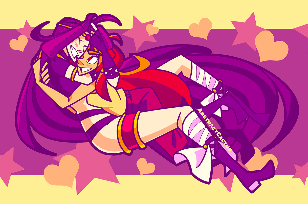 Lina from Slayers throwing herself into Naga in a big hug, both of them grinning and blushing at each other.