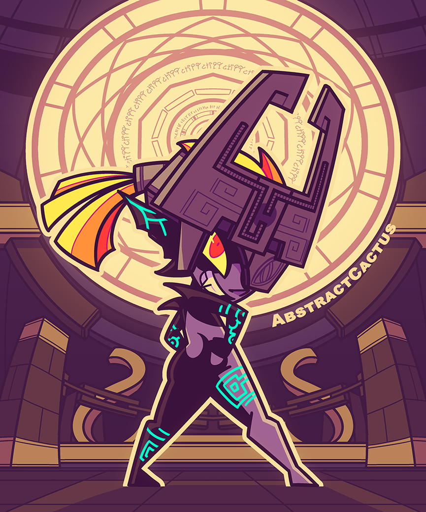Midna from Zelda: Twilight Princess, standing in front of the mirror of twilight with her hands on her hips and a huge grin on her face, looking back towards the viewer.
