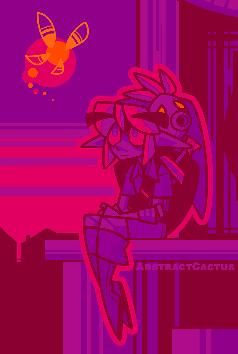 Link from Zelda: Majora's Mask. He's sitting down in front of the Clock Tower door at dusk, arms wrapped around himself, circles under his eyes and looking up at his fairy companion. The coloring of the whole picture is very red and menacing.