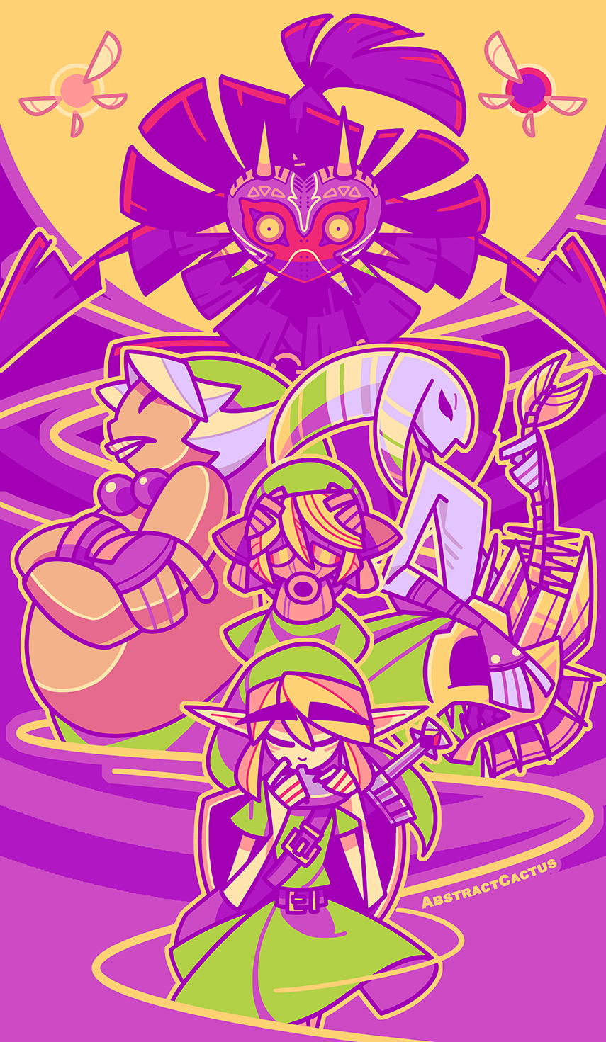 A Zelda: Majora's Mask illustration. Link is playing his ocarina calmly with his eyes closed, smoke billows up behind him, leading to his stoic Goron self, scaredy Deku self and cool Zora self. Behind them the Skull Kid is menacingly hunching over everyone with the mask on his face glowing, the two fairy siblings flying behind him with a bright featureless glowing moon in the back. 