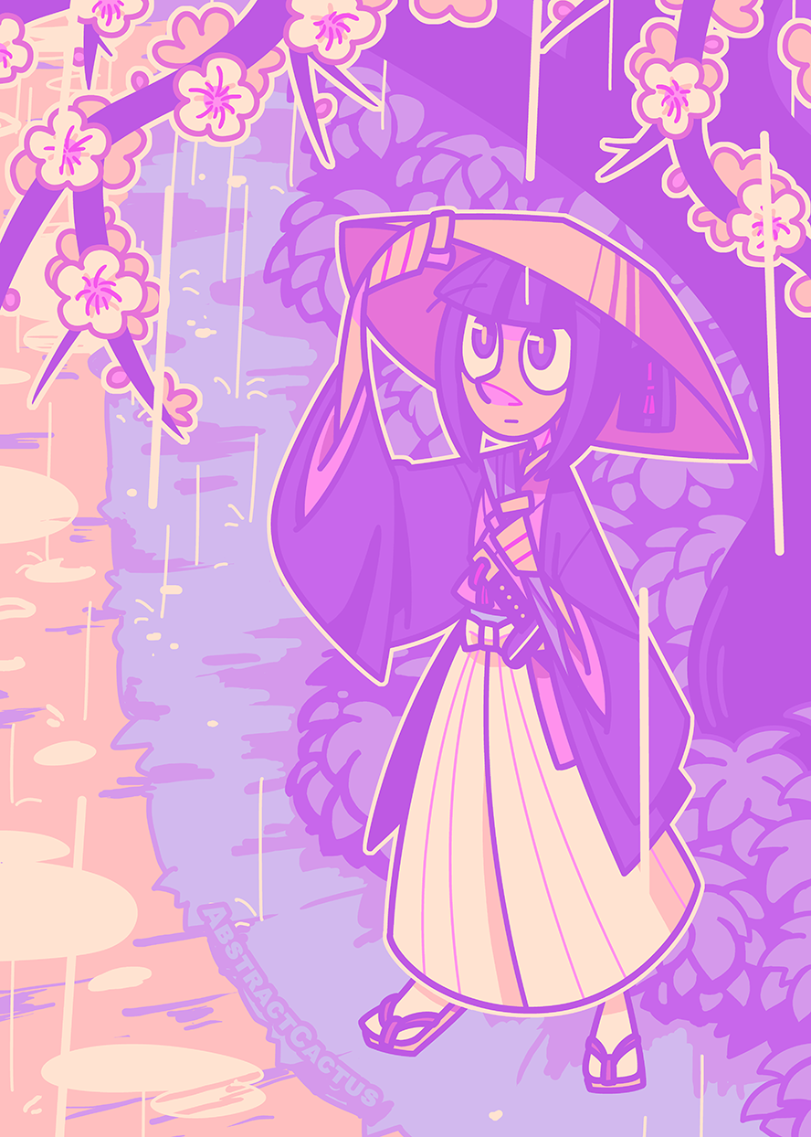 Chizuru from Hakuouki, standing under a tree for cover in the rain. She's tilting her straw hat up with one hand and looking up at the flowering plum trees.