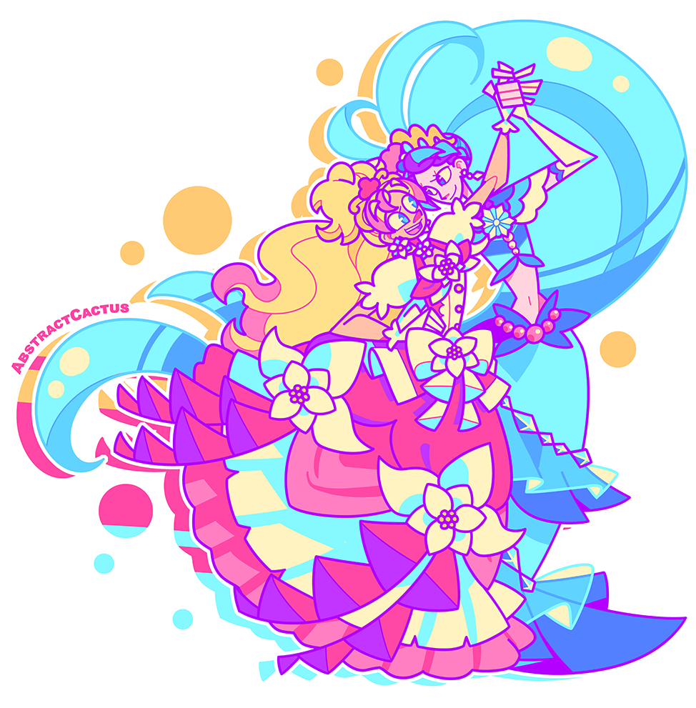 Cure Flora and Cure Mermaid from Princess Precure, dancing together. Mermaid is leading Flora with a gentle, confident smile while Flora's grinning happily, her dress flowing with movement.