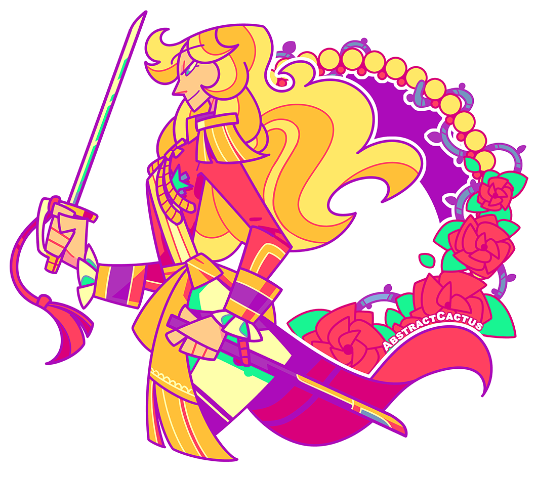 Oscar from Rose of Versailles, holding her sword up with a peaceful expression, flowers blooming around her.