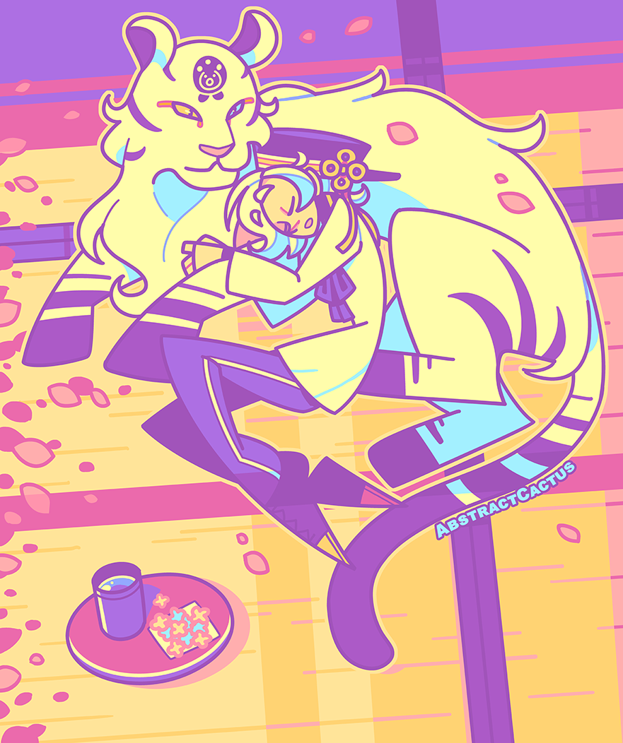 Gokotai from Touken Ranbu, sleeping on the floor with his head resting on his white tiger companion. The tiger is curled up around him and looking peacefully at him. A tray with some tea and sweets is sitting on the floor some ways away from them.