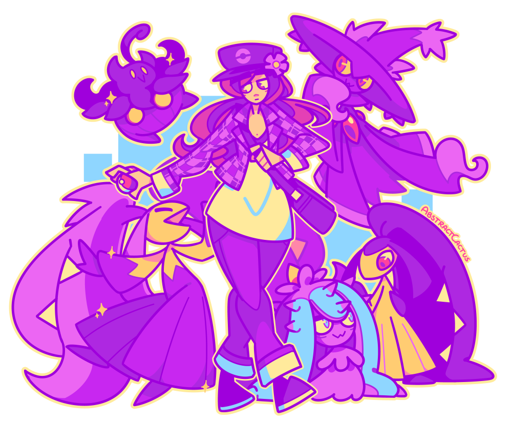 An imagining of my 2017 self as a Pokémon trainer, surrounded by my at the time favorite pokemon Mawile, Mega Mawile, Mismagius, Pumpkaboo and Mareanie.