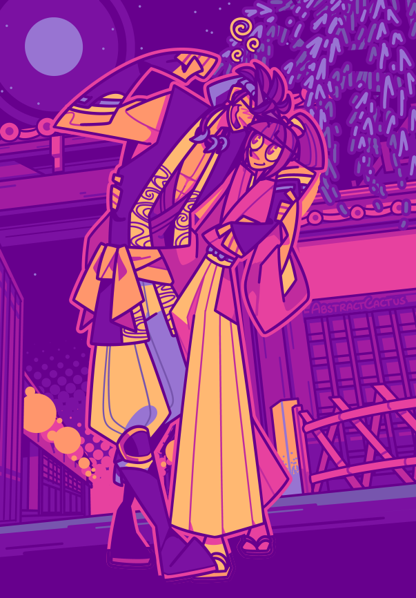Chizuru from Hakuouki, carrying a drunk Shinpachi away from the red light district. He's completely out of it, leaning his entire weight on her and flexing an arm while she calmly directs him home with an amused smile on her face.
