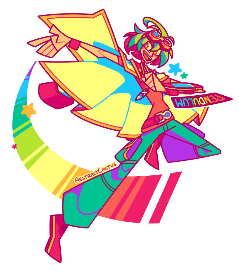 Yuya from Yu-Gi-Oh Arc-V, leaping the air with a huge grin and an arm extended that's drawing a little rainbow streak with the arc of its movement. His jacket is billowing and he has his Duel Disc at the ready in his other arm.