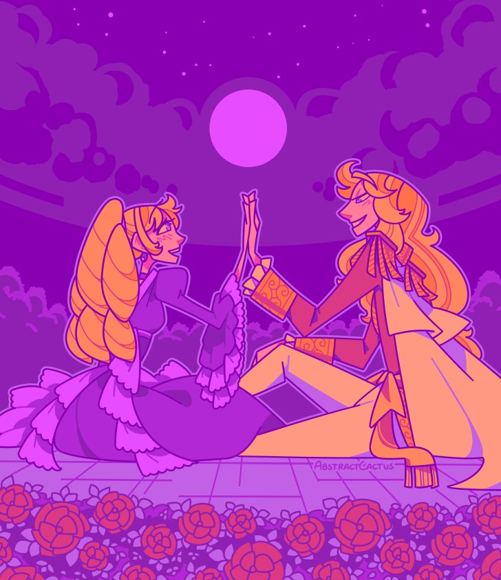 Oscar and Rosalie from Rose of Versailles, sitting down in a courtyard at night surrounded by roses. They're holding a hand up to each other under the moon, making some sort of vow.