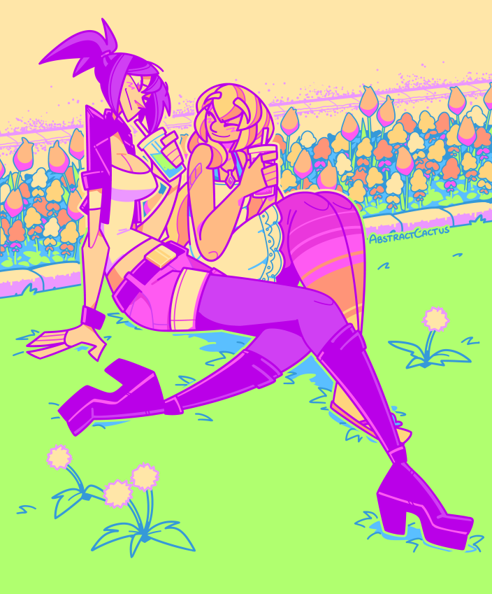 Colette and Sheena from the game Tales of Symphonia, drawn as modern teens sitting down by a flowerbed in a park and sharing drinks together while smiling at each other.