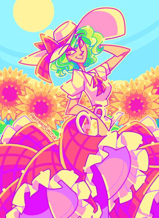 Yuuka from Touhou Project, standing in a field of sunflowers. She's wearing a sunhat, holding a watering can against her chest and smiling towards the viewer with her skirt billowing in the wind.