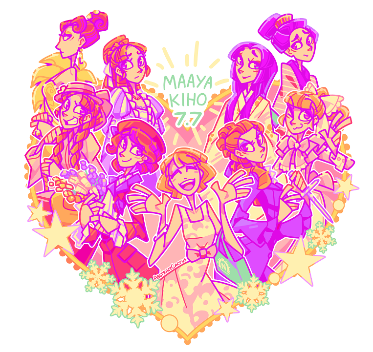 A birthday drawing for actress Maaya Kiho, depicting her smiling in the middle of the picture surrounded by 8 different characters she's played on stage.