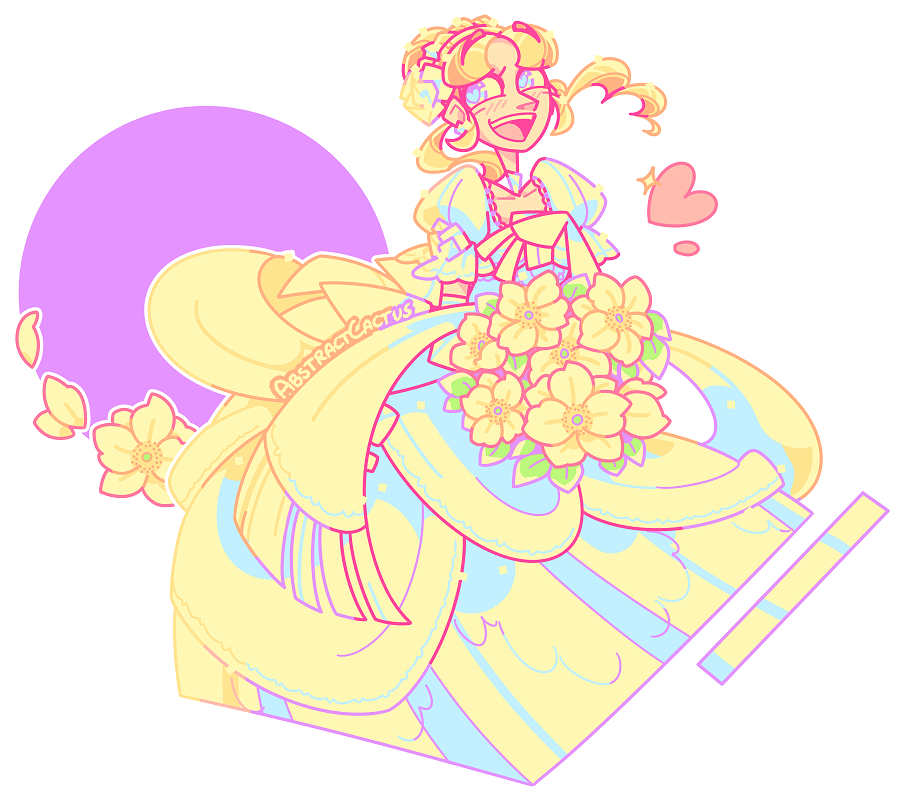 Christine from Phantom of the Opera in an elaborate, poofy white party dress holding a bouquet and grinning wide with happiness.