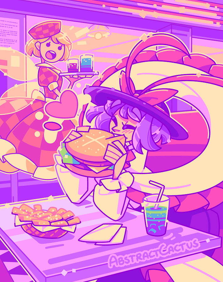 Iku Nagae from Touhou, eating a massive burger at a hamburger restaurant. A fairy waitress behind her is gasping towards her, impressed at her bite.