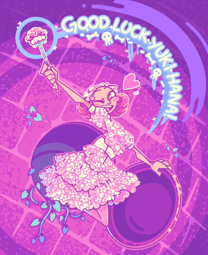 A girl busting out of a manhole on the side of a building, wearing a cute flowery dress and waving around a wand with a flower on it. She's winking towards the viewer, and the wand she's arcing in the air is spelling out the text 'Good Luck Yuki Hana'