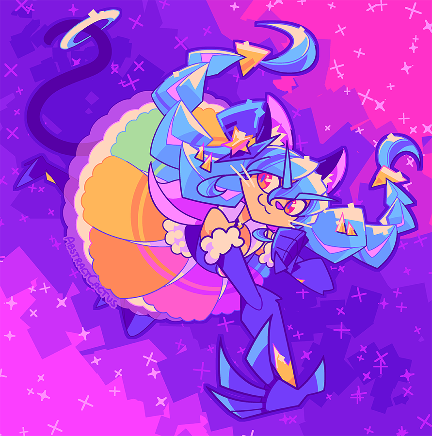 Cure Cosmo from Star Twinkle Precure, her design has been altered so that her face is more catlike than depicted in the show. She's flying through space towards the viewer with a mischevious smile on her face.