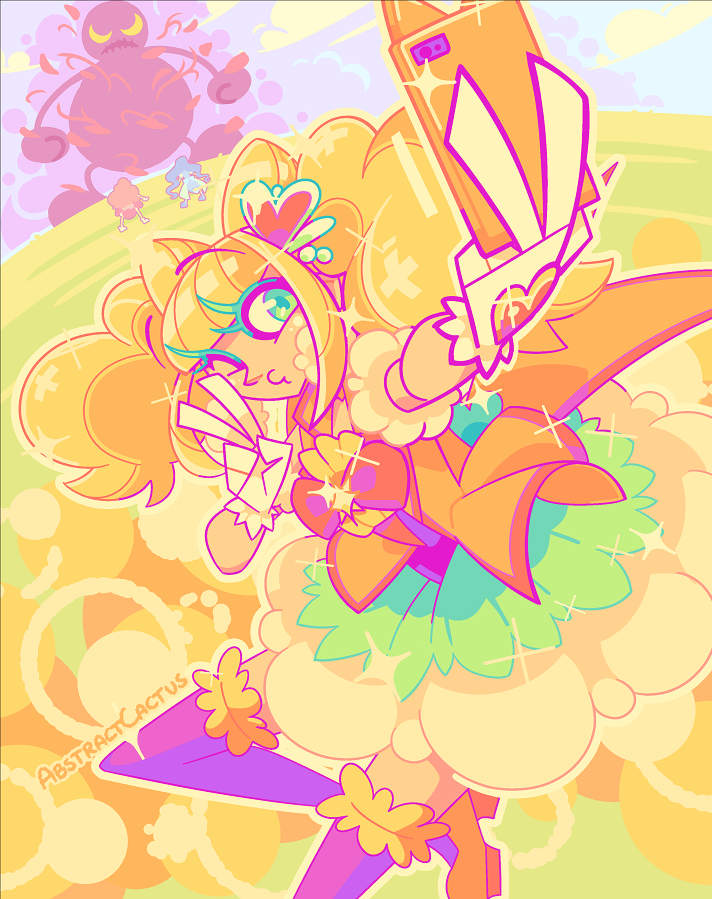 Cure Sparkle from Healin Good Precure taking a selfie with her phone mid-battle while her teammates are fighting a big monster in the background.