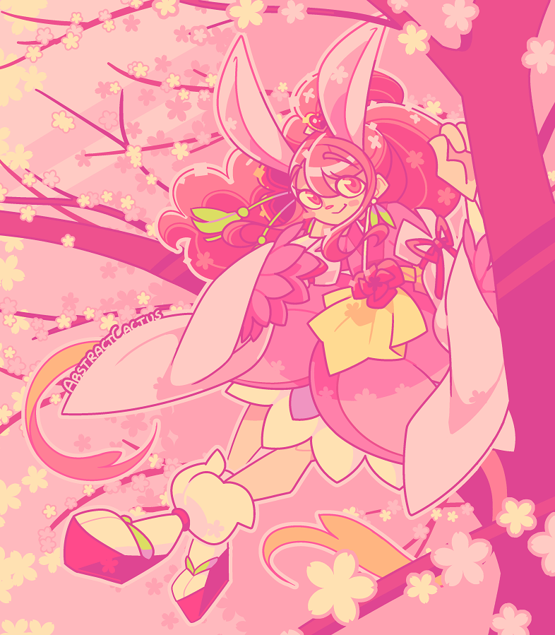 Cure Grace from Healin Good Precure sitting in a cherry tree smiling sweetly towards the viewer.