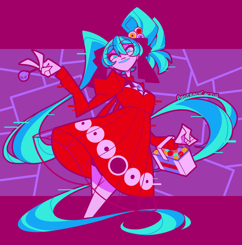 Hatsune Miku from the song Psi smiling menacingly with darker colors.