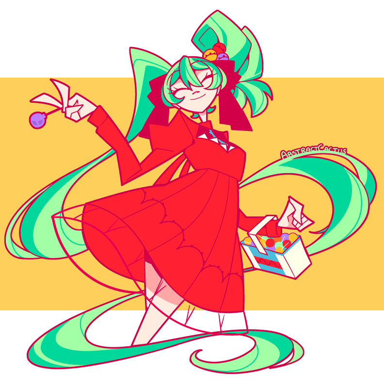 Hatsune Miku from the song Psi smiling innocently and holding some candy.