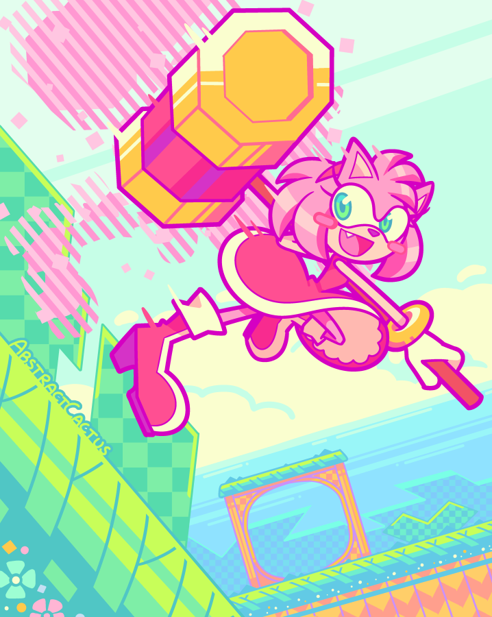 Amy Rose from Sonic the Hedgehog smiling wide while speeding down a hill.