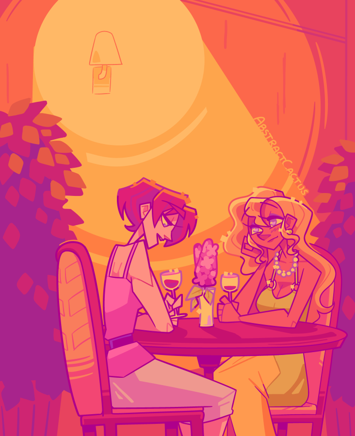 Ennil and Toniya from Gundam X, enjoying drinks and chatting at a table in a dimly-lit bar. Toniya is gazing at Ennil with a gentle smile on her face.
