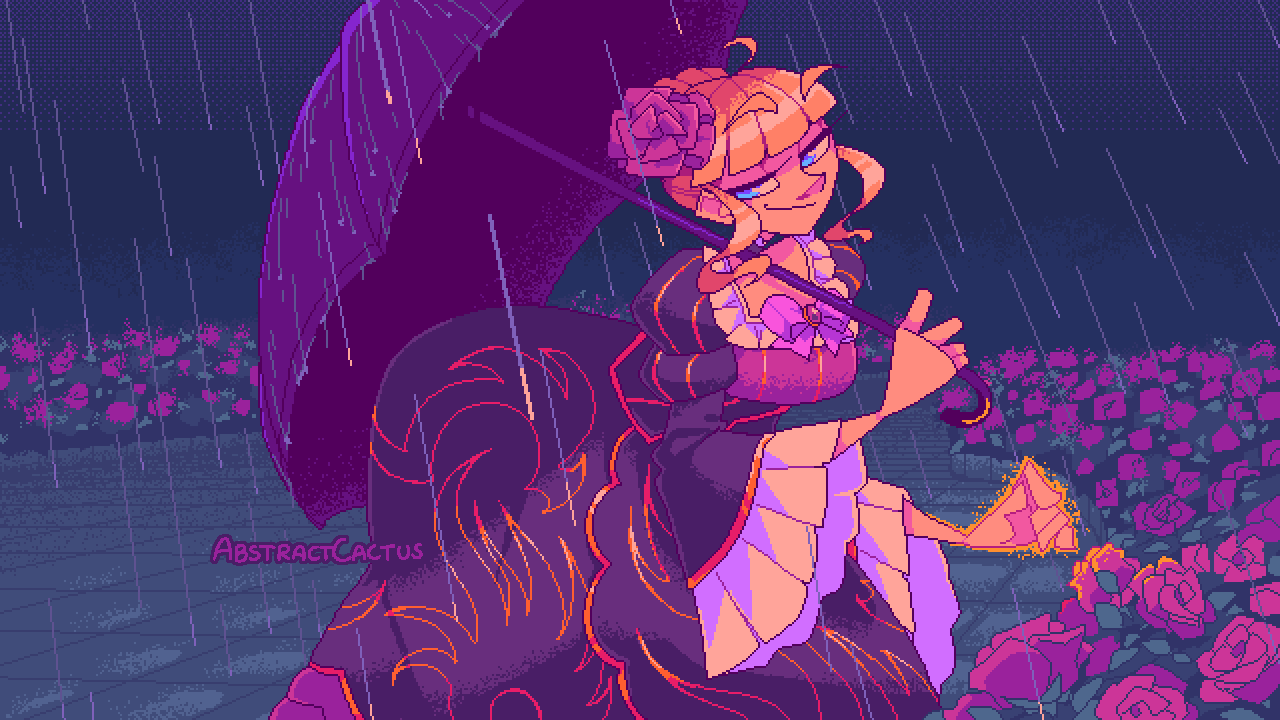A pixel illustration of Beatrice from Umineko, in a rose garden in the rain. She's holding an umbrella, leaning down towards a rose and reaching out one glowing golden hand towards it. She's smiling wryly towards the camera.