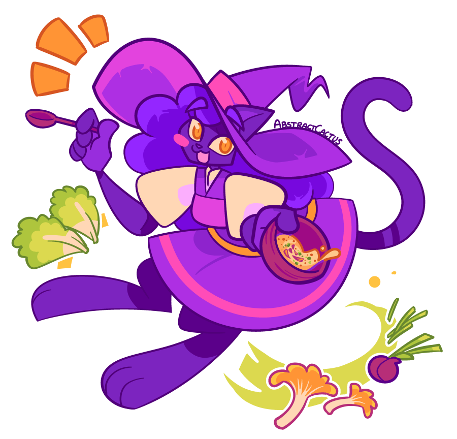 A drawing of a purple cat witch, happily holding a bowl of soup and holding it out towards the viewer. The cat witch is surrounded by mushroom and vegetable soup ingredients.