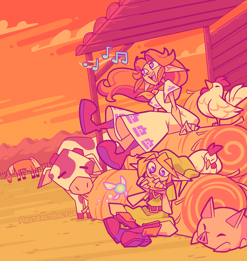 Link and Malon from the game Zelda: Ocarina of Time as kids. Malon is sitting on top of a stack of hay bales out on the farm singing, and Link is below her on the ground playing his ocarina. They're surrounded by chickens, a pig and cow and in the background the horse Epona is grazing.