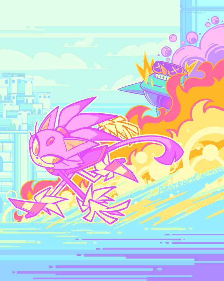 Blaze the Cat from the game Sonic Rush, running at high speed on top of the water in the Water Palace stage. Her arms are outstretched behind her, one of them creating a wall of fire behind her, which engulfs and destroys a badnik robot. Her expression is calm and stoic, glancing back towards the exploding robot.