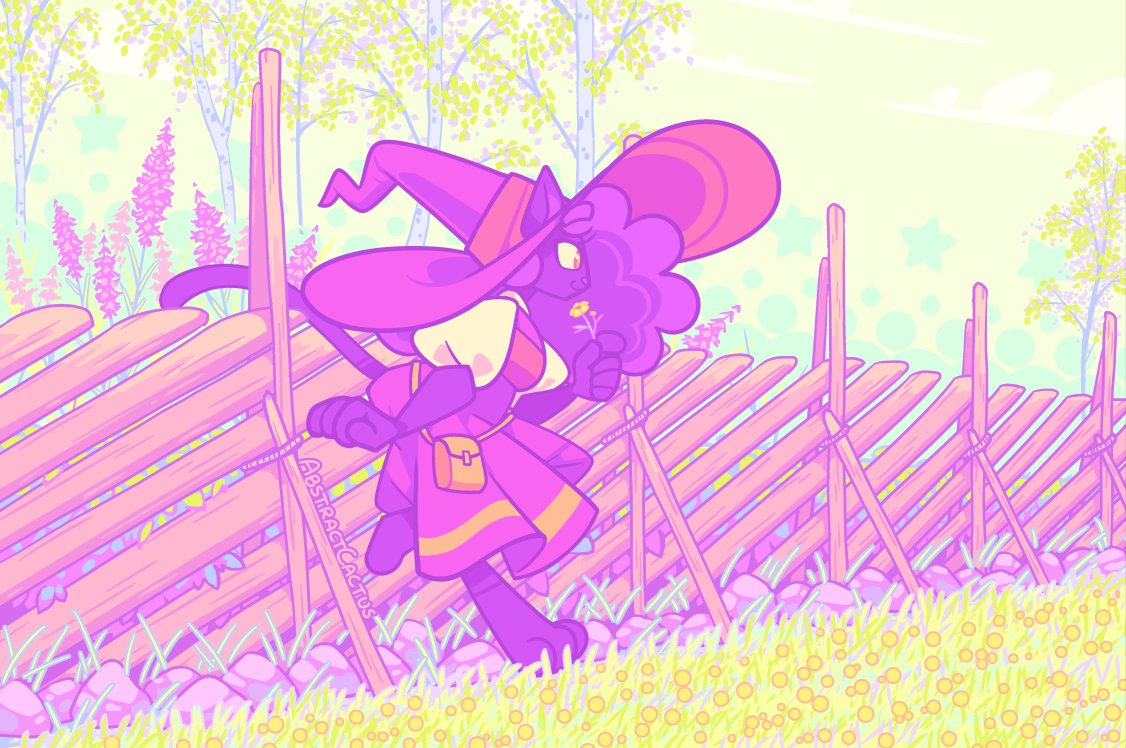 A digital drawing of a humanoid black cat in a witch outfit, leaning against an old wood fence and smiling off into the distance with a buttercup flower in their hand.