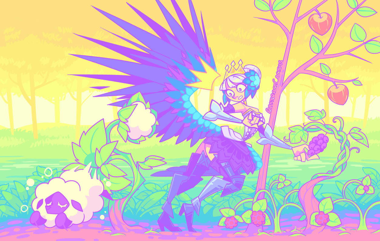 Gwendolyn the valkyrie princess from the game Odin Sphere. While she's in the middle of picking grapes from a plant, she's startled by a sheep suddenly jumping out of a different plant behind her, that seems to have sheep growing out of it.