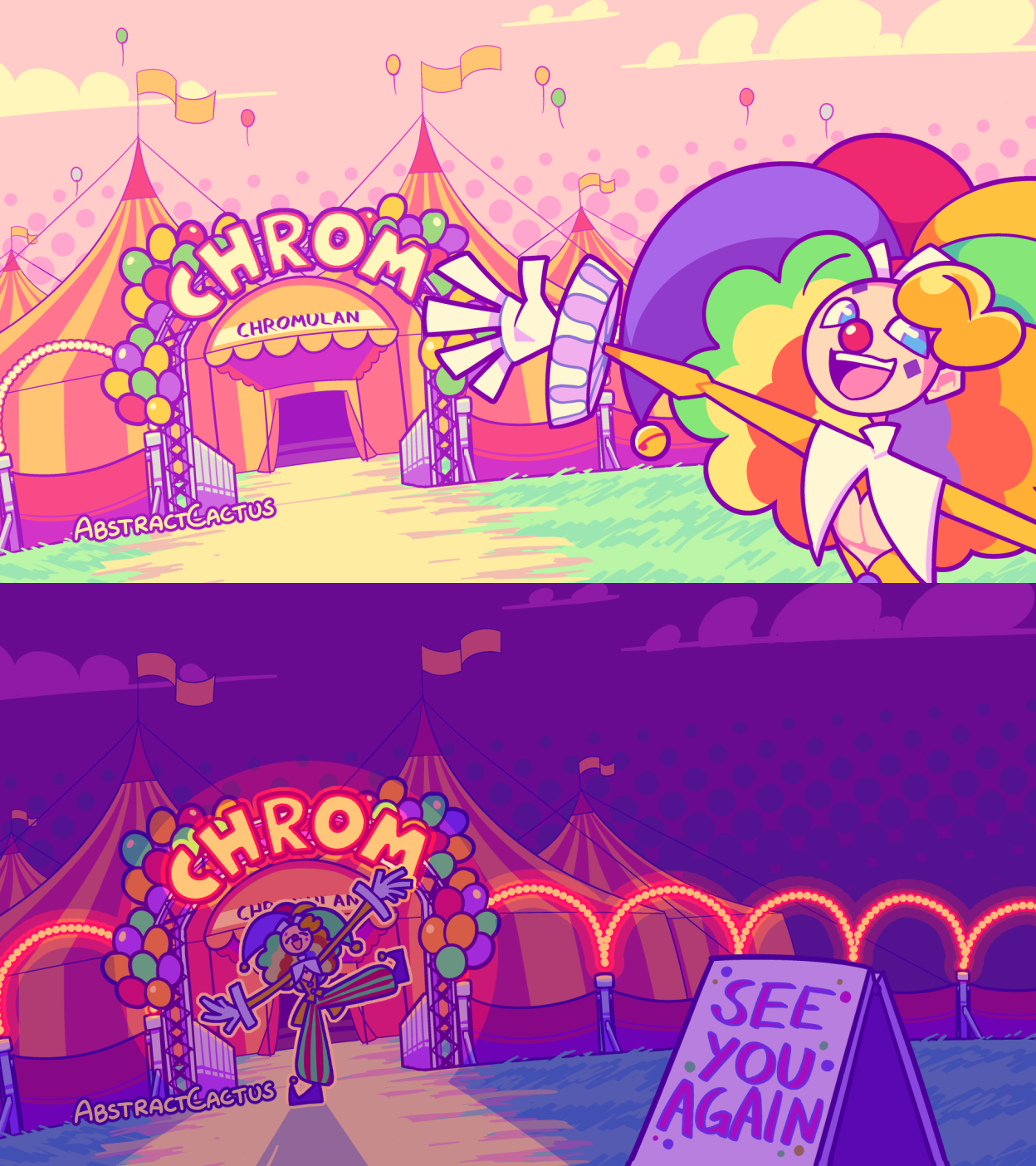 Two versions of a drawing of a clown in front of a circus tent. First one in the daytime, with the clown close to the camera and happily waving out an arm towards the tent in a welcome. The second variation is at night time, with the clown backing away towards the tent and waving goodbye. The tent has a sign out front that reads 'Chrom' and 'Chromulan', the name of the streamer these images are for.