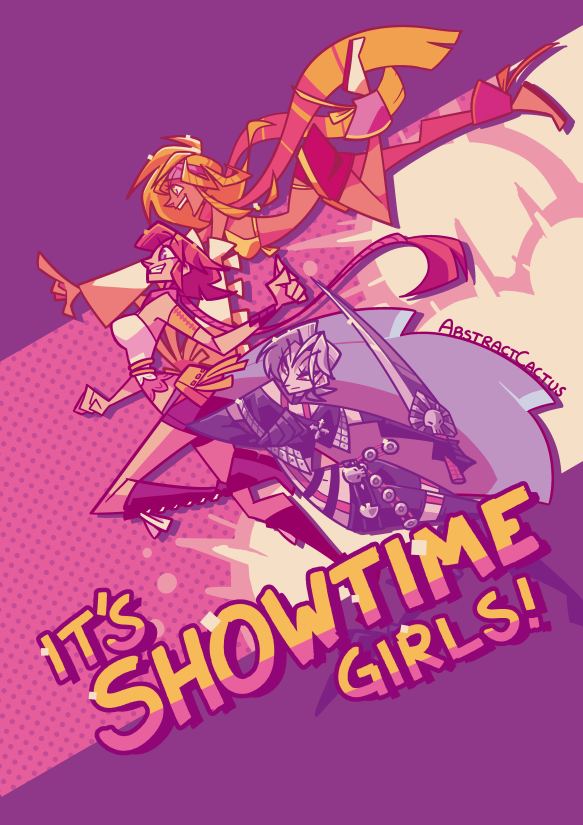 A drawing of the YRP team from Final Fantasy X-2, dynamically dashing through the air as a team with explosions in the background.