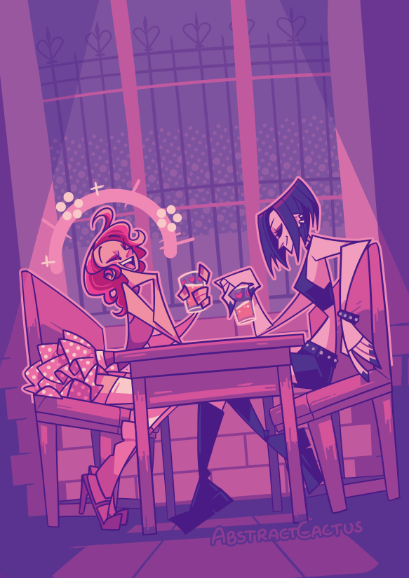 Nana and Hachi from the manga Nana, sitting at their table in their apartment, Hachi is chatting happily while Nana is sitting back relaxed with a smile on her face.