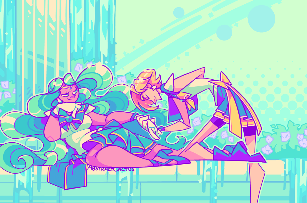 A drawing of Sailor Neptune and Uranus. Neptune is lying back against a stone pillar, resting her face on one hand with a pleased expression on her face. Uranus has one of her legs up against the stone wall Neptune is lying on, holding Neptune's other hand in hers and leaned down prepared to kiss it with her eyes closed in a smile.