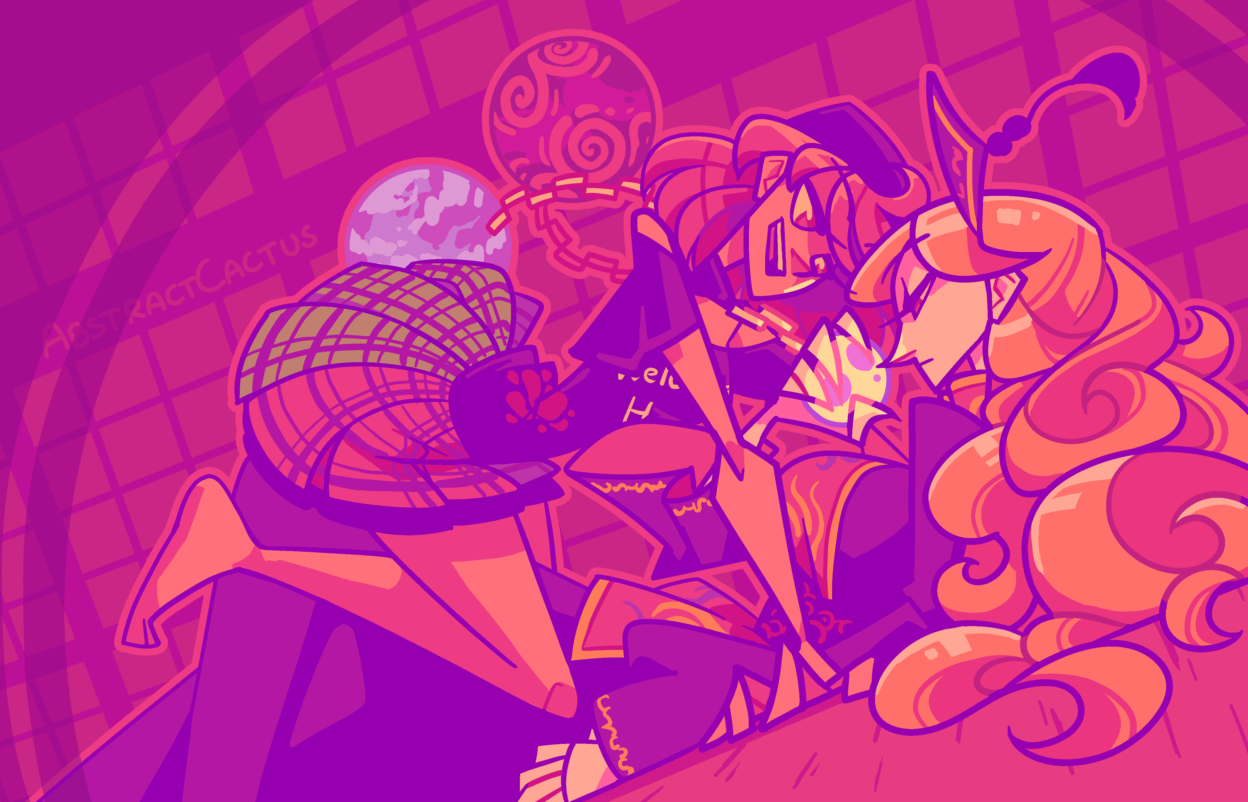 Hecatia and Junko from Touhou Project, Hecatia is smugly floating over Junko who's lying pinned to the floor, but Junko is solely focused on the moon chained to Hecatia's neck, gripping it in one hand and pulling at the chain.