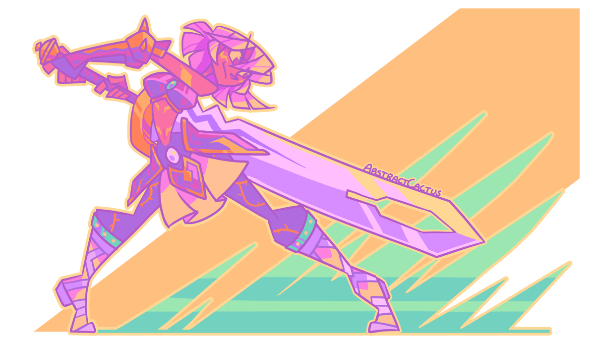 BlackRose from .hack swinging her greatsword with a grin on her face, spiky waves of her attack flying up behind her.