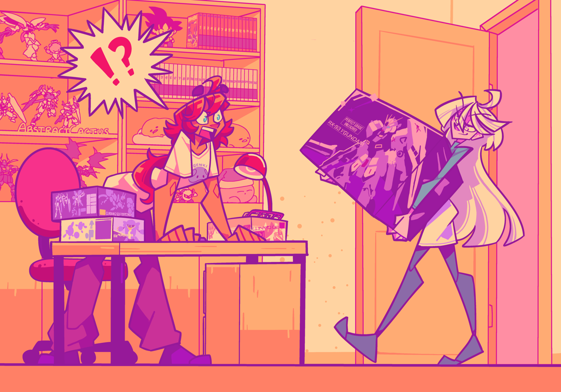 Suletta from Gundam Witch from Mercury, at a desk where she's been building gunpla, shooting up from the desk mouth gaping at Miorine walking in with a PGU Nu Gundam for her.