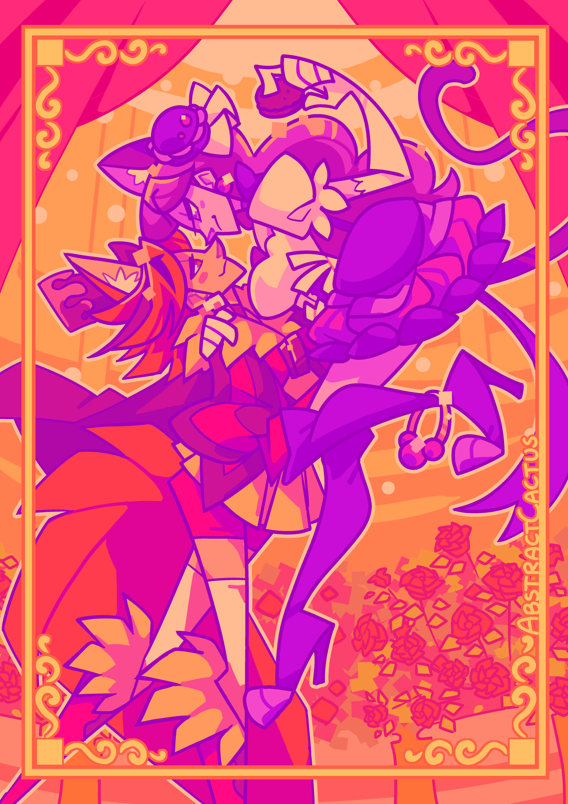 Cure Macaron and Chocolat from KiraKira Precure a la Mode. Cure Chocolat is lifting Macaron up into the air by her waist with a soft smile on her face, Macaron is smirking down at Chocolat from above with a chocolate macaron held high in her hand. They're surrounded by curtains and roses.