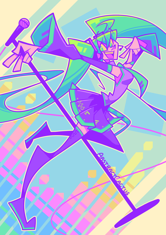 Hatsune Miku posing excitedly, one arm extended holding a microphone stand with the other bent towards herself, grinning wide at the camera.