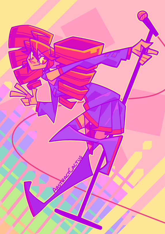 Kasane Teto leaned over in a slightly relaxed pose, one arm extended backwards holding onto a microphone stand and the other doing a peace sign with her hand, a somewhat smug smile towards the camera on her face.