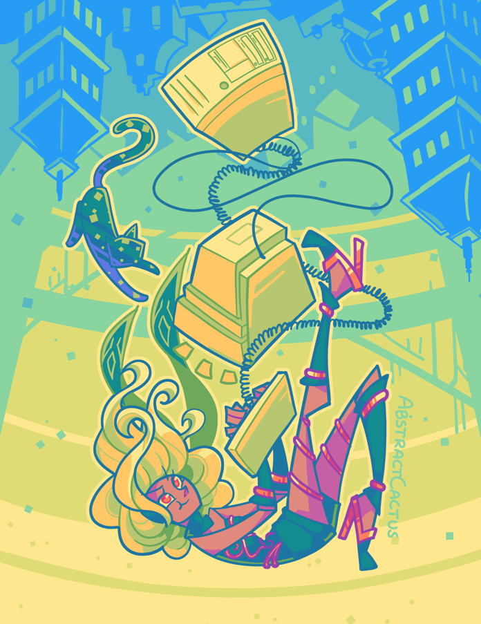 Kat from Gravity Rush, floating in the sky against an upside-down city with a boxy 90s computer and keyboard floating alongside her. Her legs are crossed and shes typing at the keyboard and looking at the monitor with a determined expression.