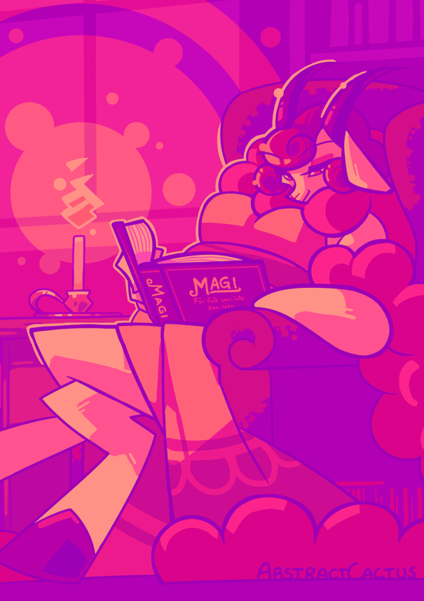 An anthropromorphic goat woman relaxed in an armchair reading a book in low lighting. The book's title reads 'Magi för folk som inte kan läsa'.